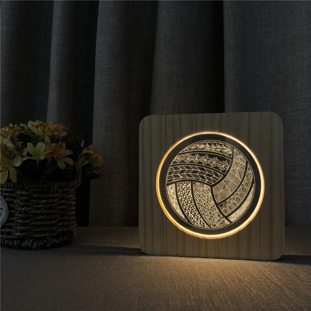 Volleyball Shape Sports 3D LED Arylic Wooden Night Lamp Table Light Switch Control Carving Lamp for Children's Room Decorate