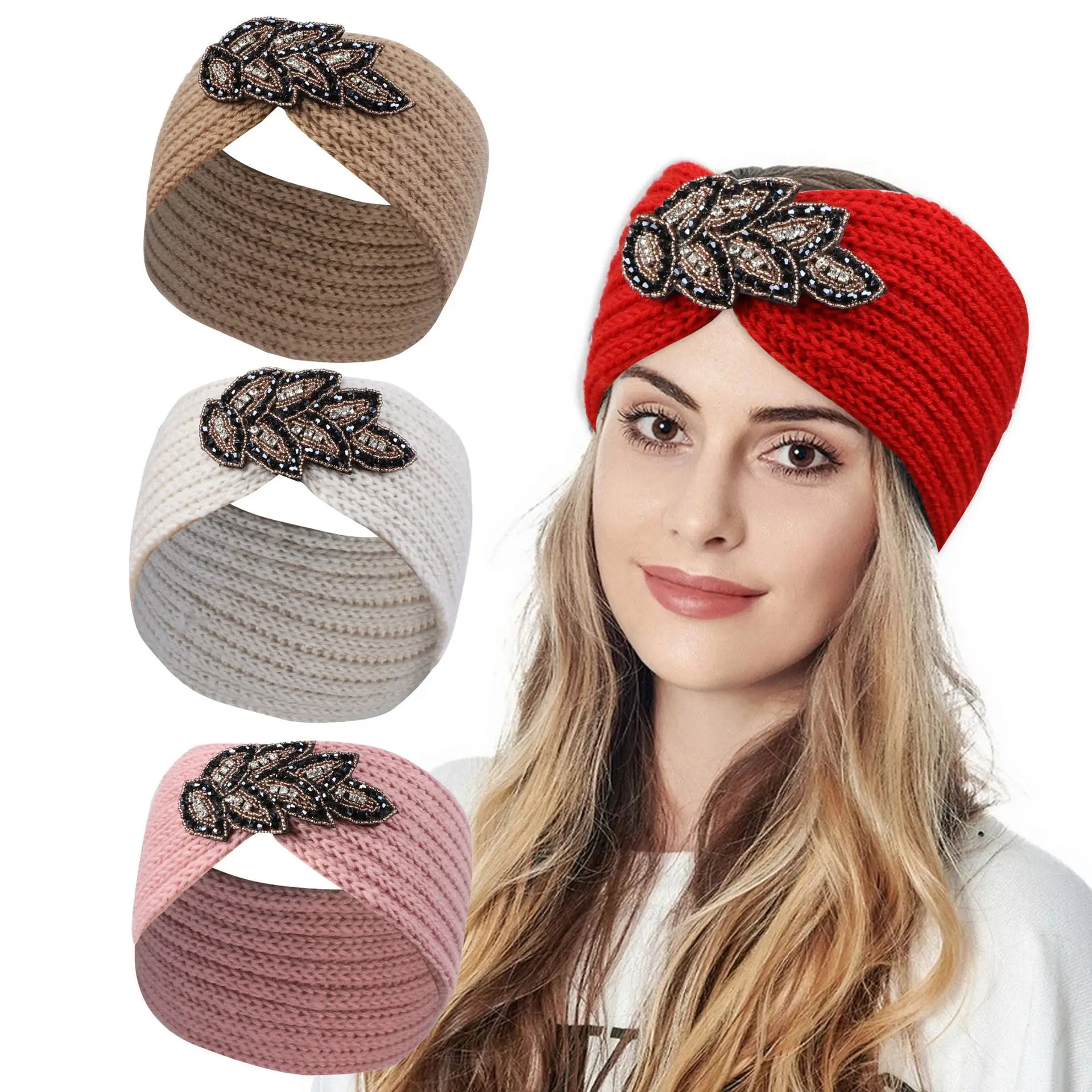 Diamond Hair Band Knitted Warm Headband Wool Sports Headband Hand Woven Hair Accessories Seven Leaf Decoration Casual Head Bands