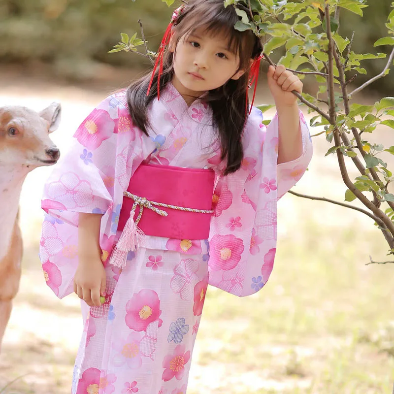 Para meninas de algodão estilo japonês quimono yukata com selo da cintura de estilo japonês bebê infantil desempenho traje quimono terno lc065