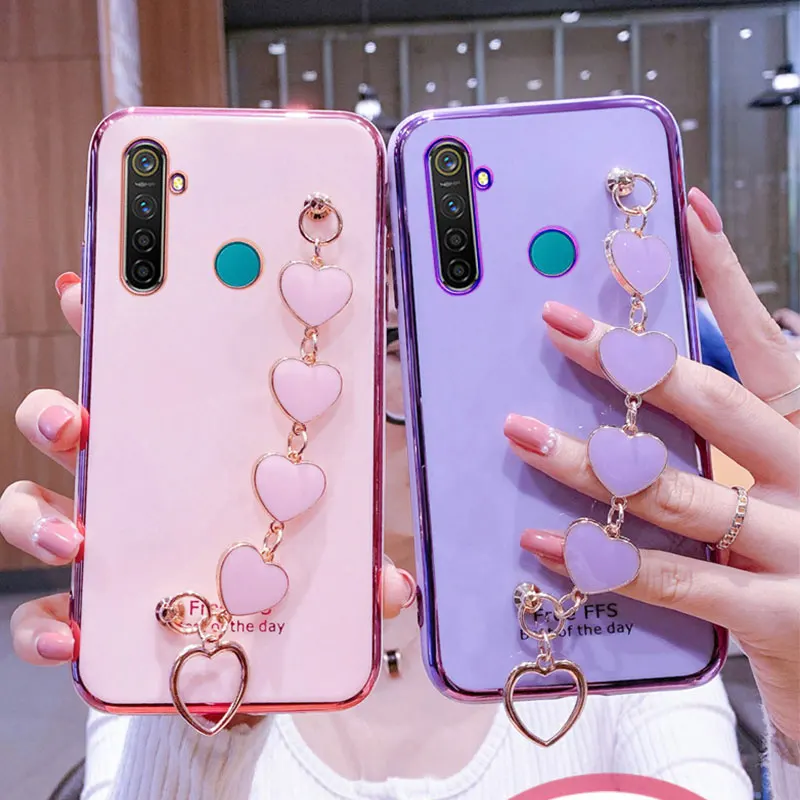 Wrist Bracelet Phone Case For Oppo Realme C3 Case Luxury Love Heart Chain Plating Cover For Oppo Realme 5 5i 6i 6 Pro Capa