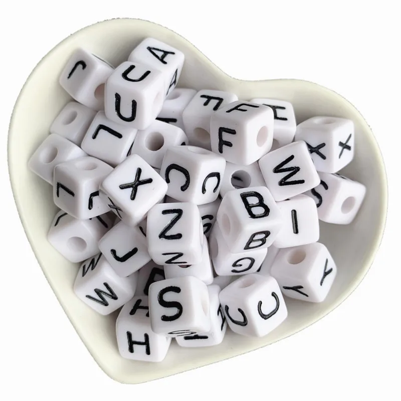 Free Shipping 550PCS/Lot 10*10MM Square Cube Shape Black Single Letter G Printing White Alphabet Beads for Name Bracelet Making