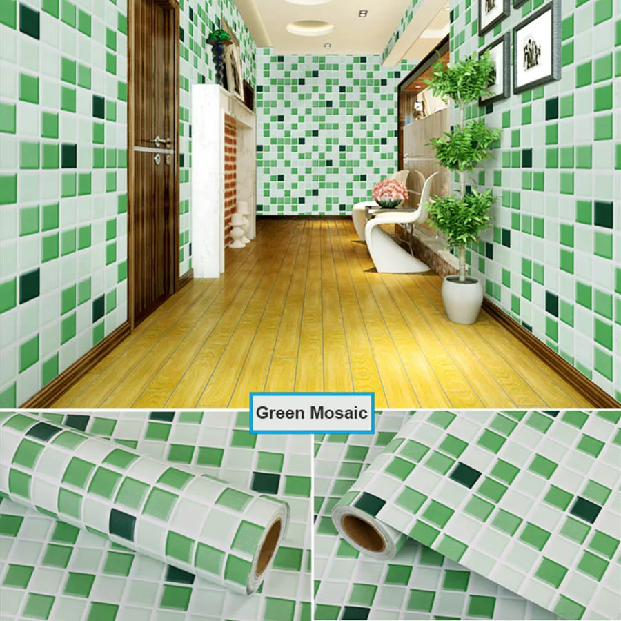 PVC Waterproof Self Adhesive Wallpaper Kitchen Oil-Proof Bathroom Toilet Wall Sticker Blue Mosaic Imitation Tile Pattern Sticker