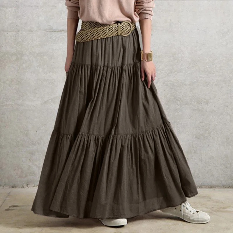 Autumn Winter Long Skirts Vintage Women\'s Ruffles Skirt Spring Solid Casual Loose Elastic Waist Skirts Oversize Female Bottoms