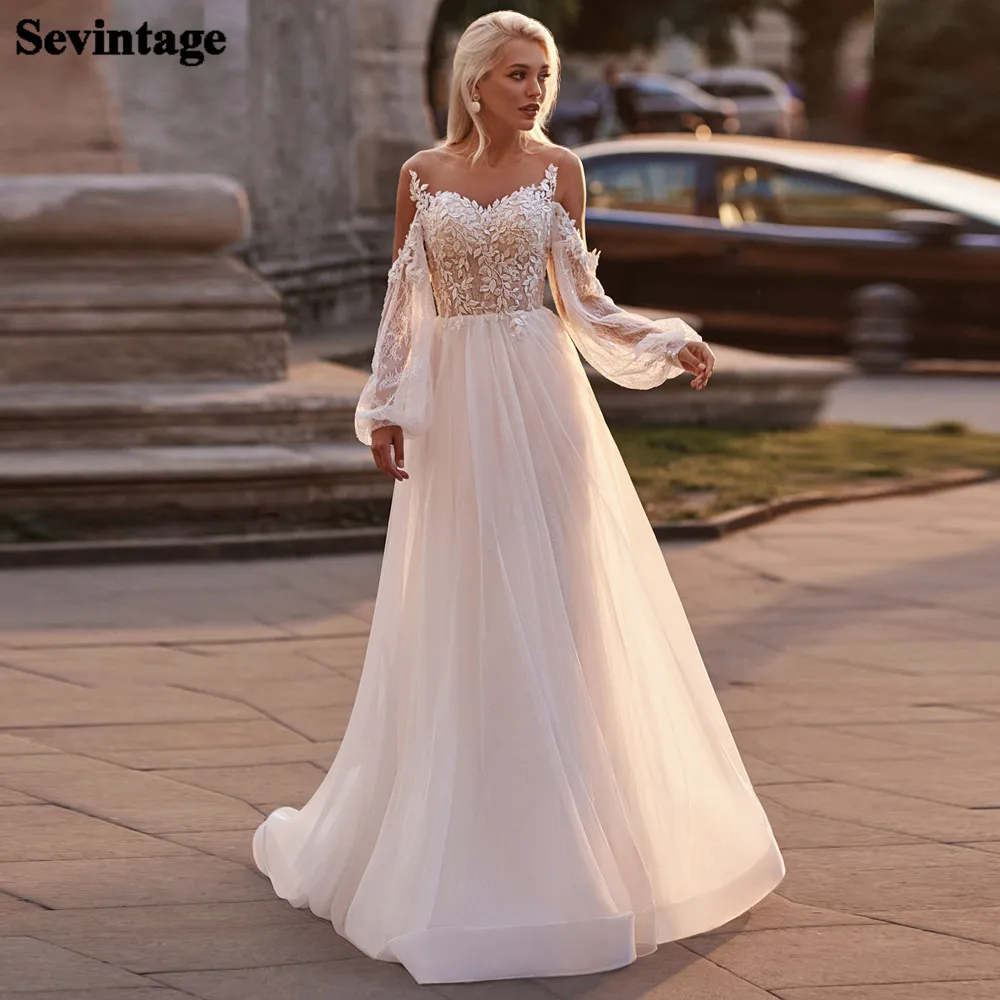 Abiti da sposa a maniche lunghe a sbuffo con scollo a o trasparente Boho 2021 Appliques di pizzo abito da sposa bottoni indietro abiti da sposa da spiaggia taglie forti