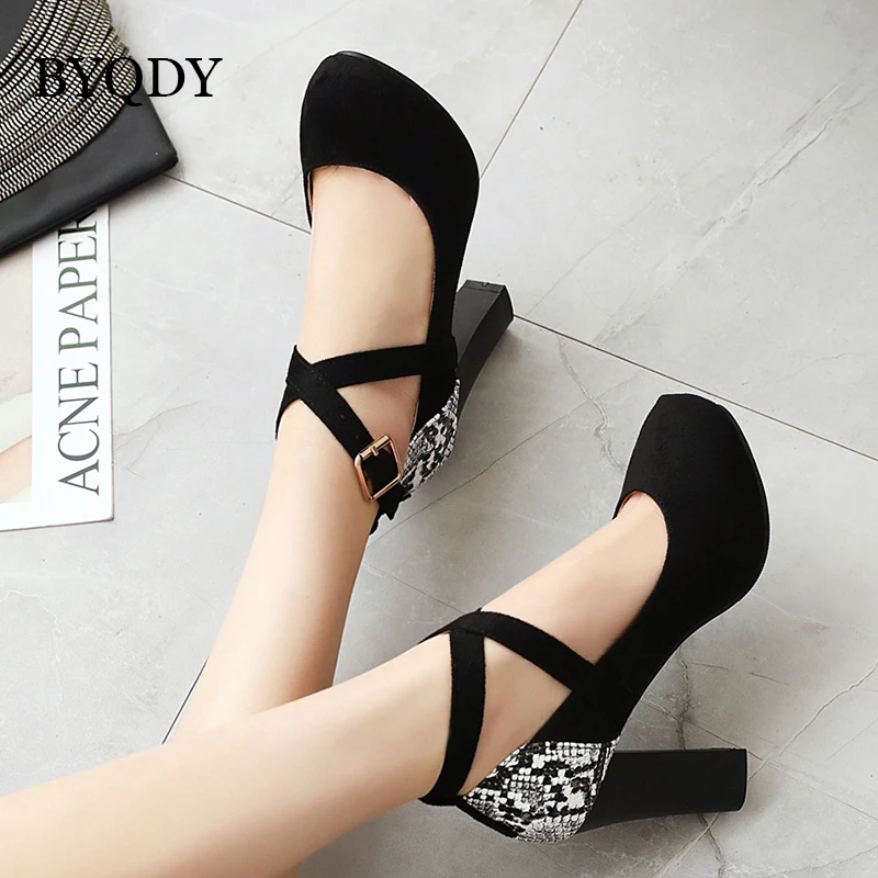 BYQDY Fashion Cross-tied Ankle Strap Female Pumps Wedding Party Shoes Platform Round Toe Dress Women Shoes High Heels Suede Shoe