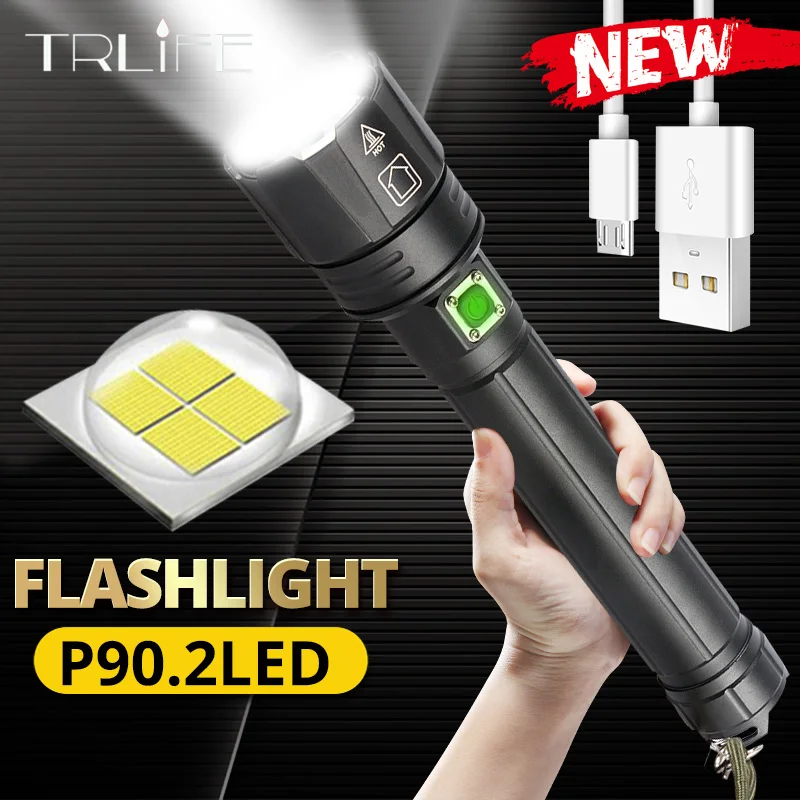 NEW Powerful Lights XHP90.2 Ultra Bright 18650 LED Flashlight USB Rechargeable XHP70 Tactical Light 26650 Zoom Camp Torch