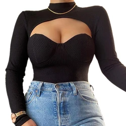 2021 Autumn Knitting T Shirts Women's Long Sleeve Fashion Personality Low Cut Hollow Out Sexy Sweater Knit Crop Tops