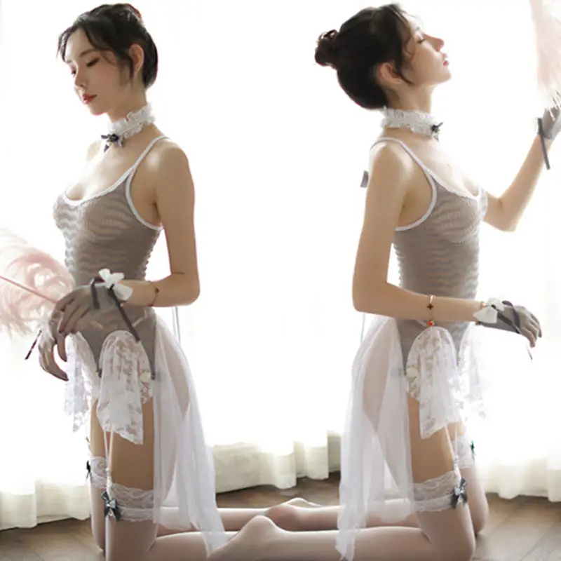 

Sexy Lingerie Temptation Sling Net Dress Stitching Lace Pattern Skirt Back Cross Tie Big Bow Pearl Decoration Corrugated Strip