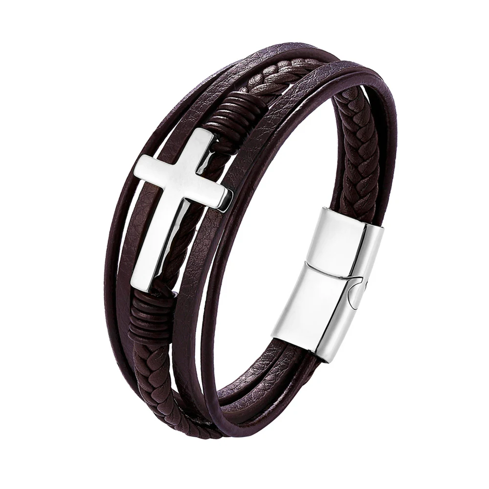 Fashion Luxury Multicolor Cross Design Classic Stainless Steel Men's Leather Bracelet Choose Eternal Men's Party Preferred Gifts