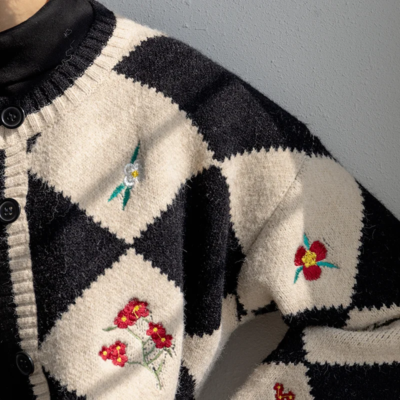 Sweater Cardigan Women Argyle Design Students Sweet Soft Retro Embroidery Fashion Loose Korean Style Autumn Christmas Casual Ins