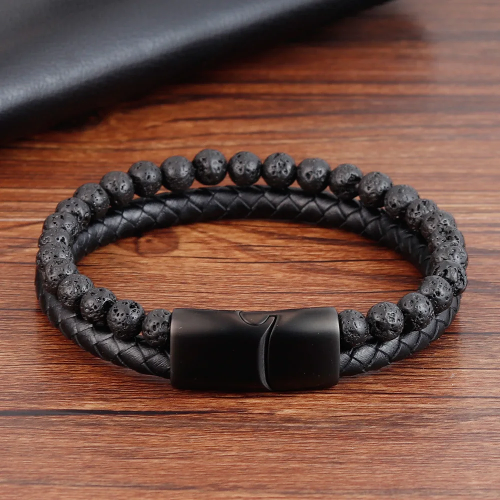Punk Men Braid Bracelet Multilayer Leather Natural Stone Beaded Bangle Stainless Steel Magnetic Clasp Male Jewelry