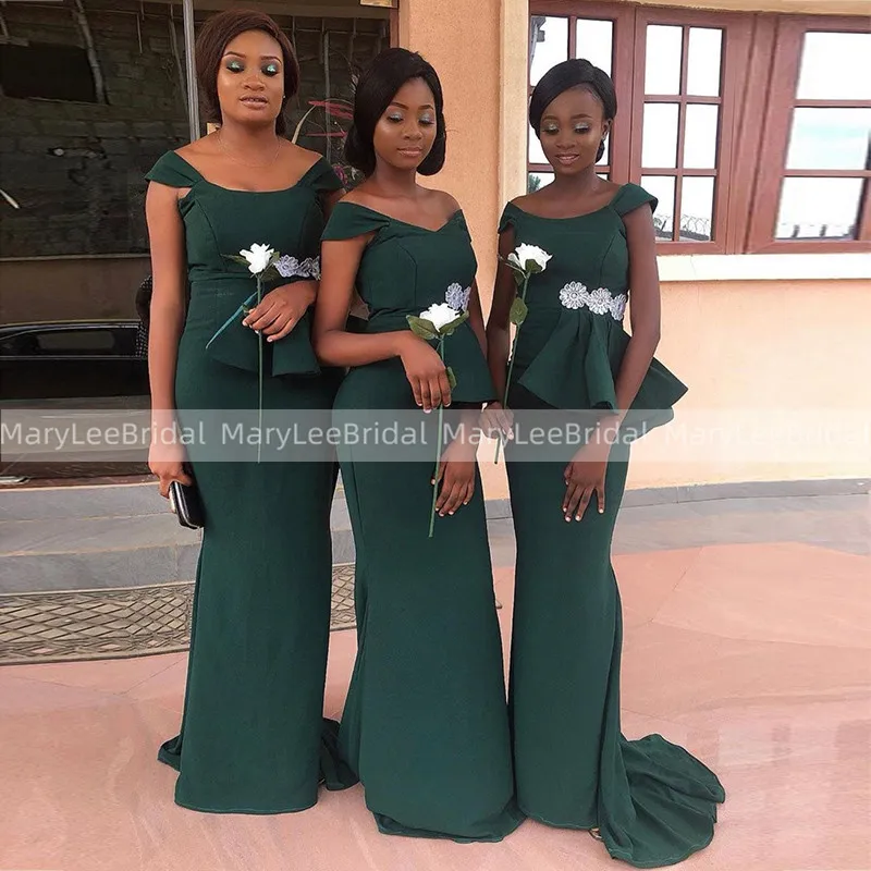 Modest Dark Green Bridesmaid Dresses With White Applique Cap Sleeves Mermaid Party Dress Vestido De Festa Longo Para Madrinha