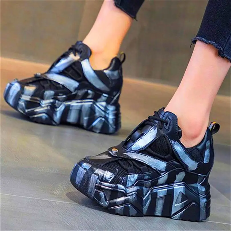 Women's Breathable Cow Leather Fashion Sneakers Platform Wedge High Heels Ankle Boots Lace Up Casual Shoes Punk Goth Party Shoes