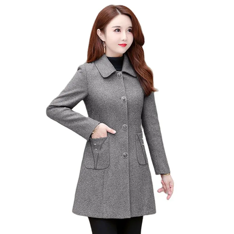 Woolen Coat Women Autumn Winter Jacket New Middle-Aged Single Breasted Slim Mid Long Coat Jackets Elegant Lady Woolen Overcoat