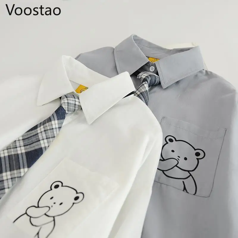 Blusas de casal estilo preppy, blusas femininas e homens estilo harajuku urso bordado jk, camisas, gravata de pescoço, blusa larga de lolita, tops da moda