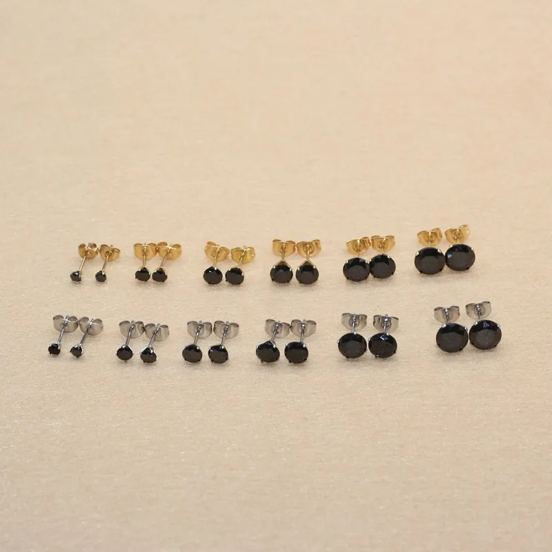 Size 3mm to 8mm 316L Stainless Steel Black Round Zircon Stud Earrings  No Fade Allergy Free Brief Jewelry