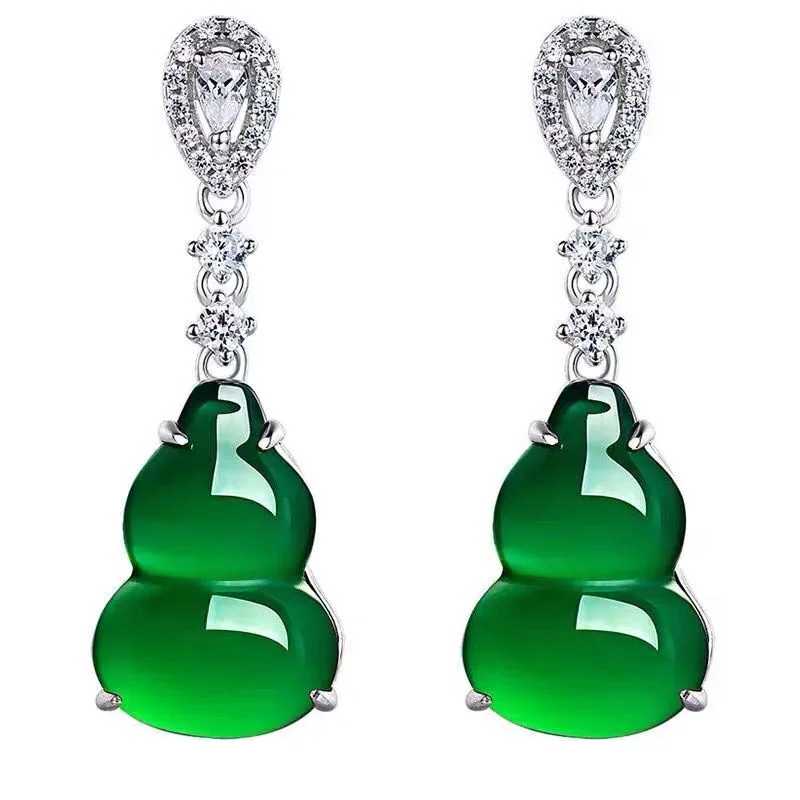 925 Silver Inlaid High Ice Green Chalcedony Gourd Earrings Charm Jewellery Hand-Carve Earrings for Women Men Fashion Accessorie