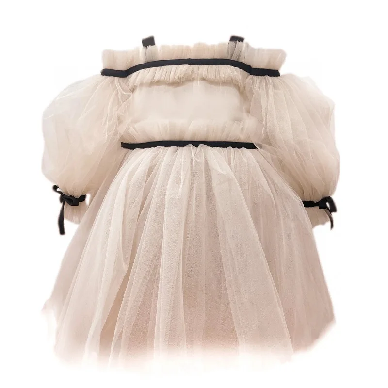 Girls\' Dress Girls\' Princess Dress Shoulderless Lantern Long Sleeve Bow Ball Gown Girls Party Prom Dress Birthday Gift 1-13Y