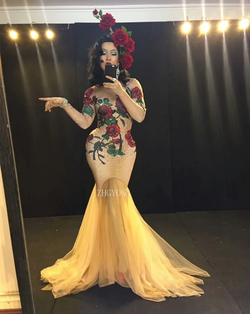 

Nightclub Female Singer Evening Outfit Multicolor Stones Rose Flowers Red Green Rhinestones Long Dress Stage Wear Nude Stretch