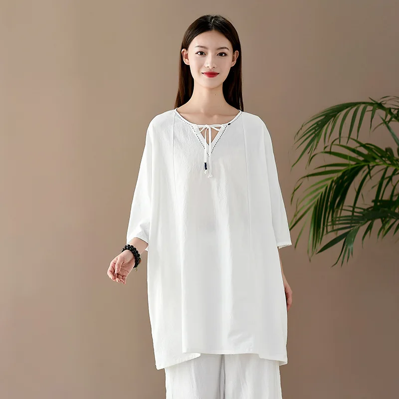 

Aransue National Style Cotton Linen Pullover Shirt Women Summer V-Neck Top Long Design Retro Chinese Tshirt Camisa