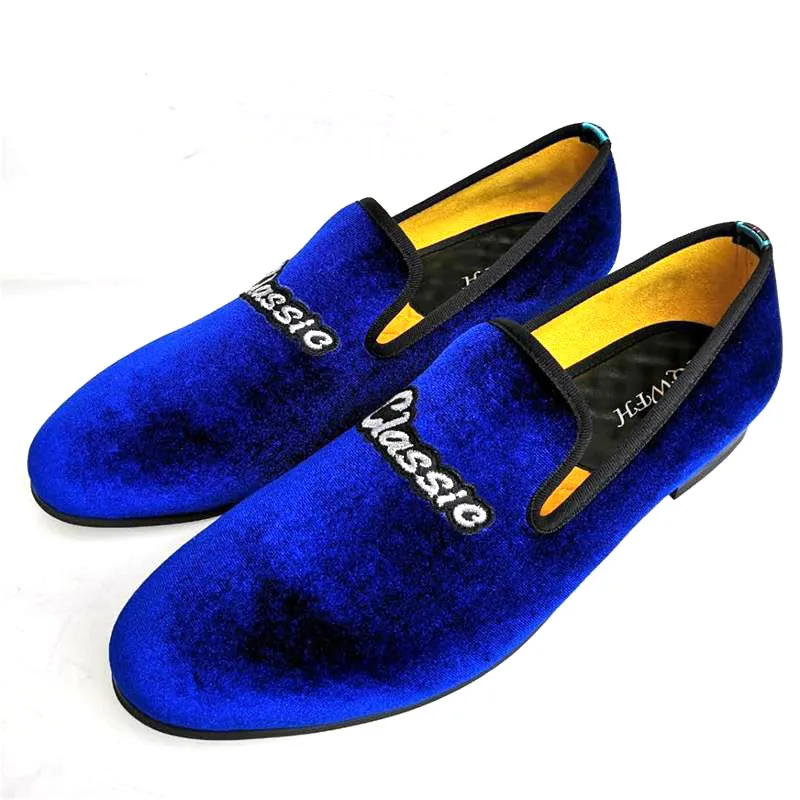 Men Classics Loafers Moccasins Blue Velvet Dress Shoes Wedding Party Flats Smoking Slippers Casual Shoes Fashion