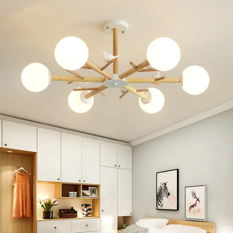 

Nordic Glass Wood Chandeliers For Living room Cafe Industrial lustre plafonnier Minimalist Bedroom Chandelier Lighting