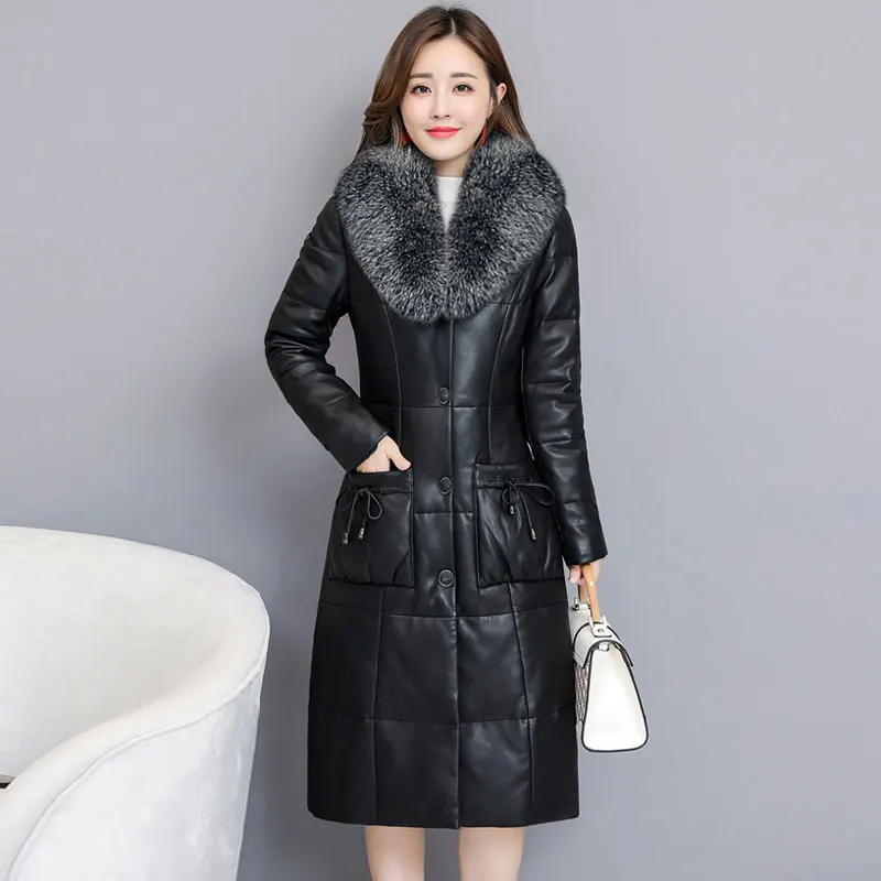 2023 Winter New Women Genuine Leather Down Jacket Mid-length Female Fox Fur Collar Thick Overcoat Ladies Fashion Plus Size Coat