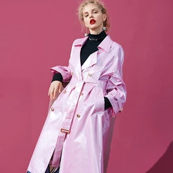 Lautaro-Rosa Leder-Trenchcoat für Damen, langärmlig, zweireihig, übergroß, High Fashion, Damenbekleidung, 2020