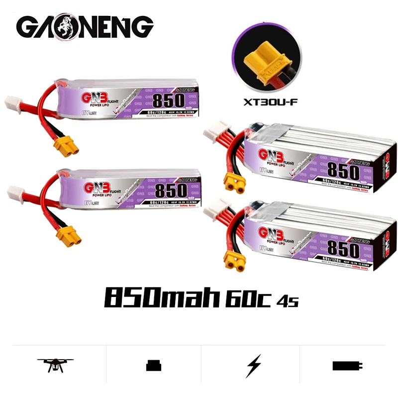 

1-10PCS GAONENG GNB 4S 850mAh 15.2V HV 60C/120C Lipo Battery With XT30U-F Plug For Beta85X Whoop Quadcopter FPV RC Racing Drone