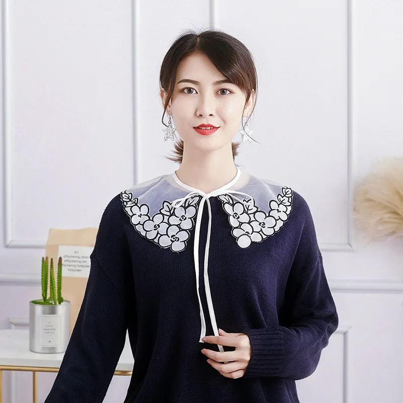 Women Peter Pan Neck Shirt Chiffon Cotton Fake Collar Tie Hollow Out Lace Flower Lapel Floral False Detachable Collar Blouse Top