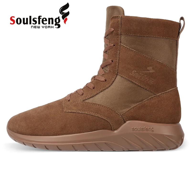 Soulsfeng Large Size High Top Brown Desert Boots Men's Non-Slip Lightweight Combat Boots Women's Zipper Leather Hiking Shoes