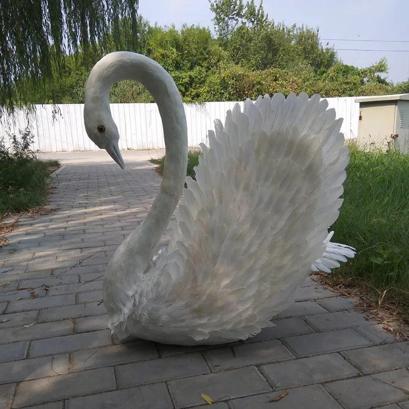 large 80x70cm white feathers swan model lifelike toy wings swan bird handicraft prop,home garden decoration Xmas gift w0081