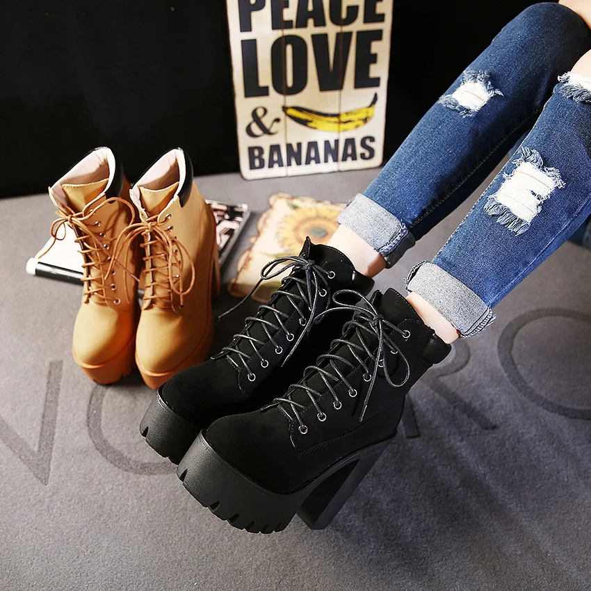 Fashion Spring Autumn Platform Ankle Boots Women Lace Up Thick Heel Platform Boots Ladies Worker Boots Black Big Size 2019