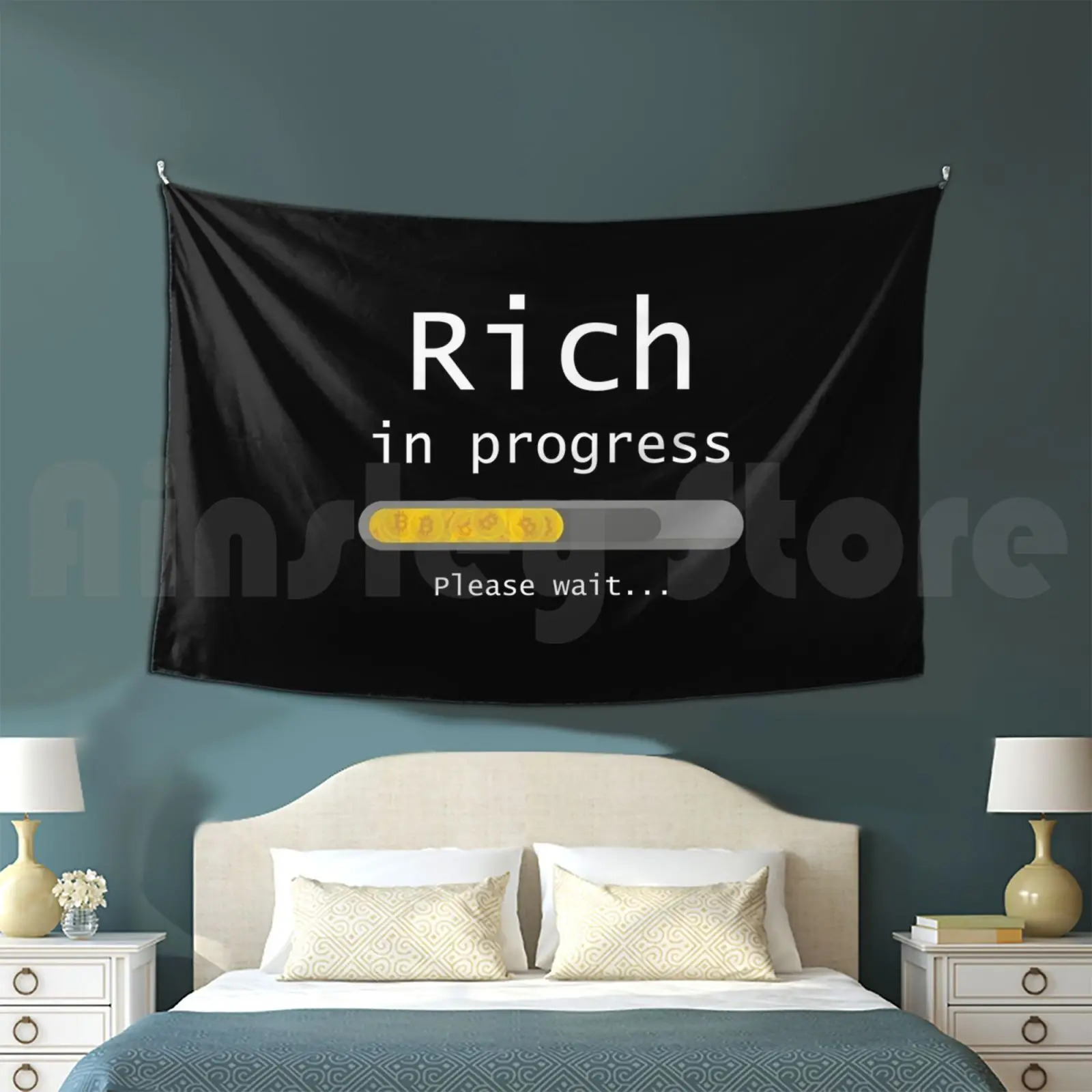 Bitcoin-Rich In Progress Tapestry Background Wall Hanging Rocadisseny Millionaire Billionaire Bitcoin Bitcoins