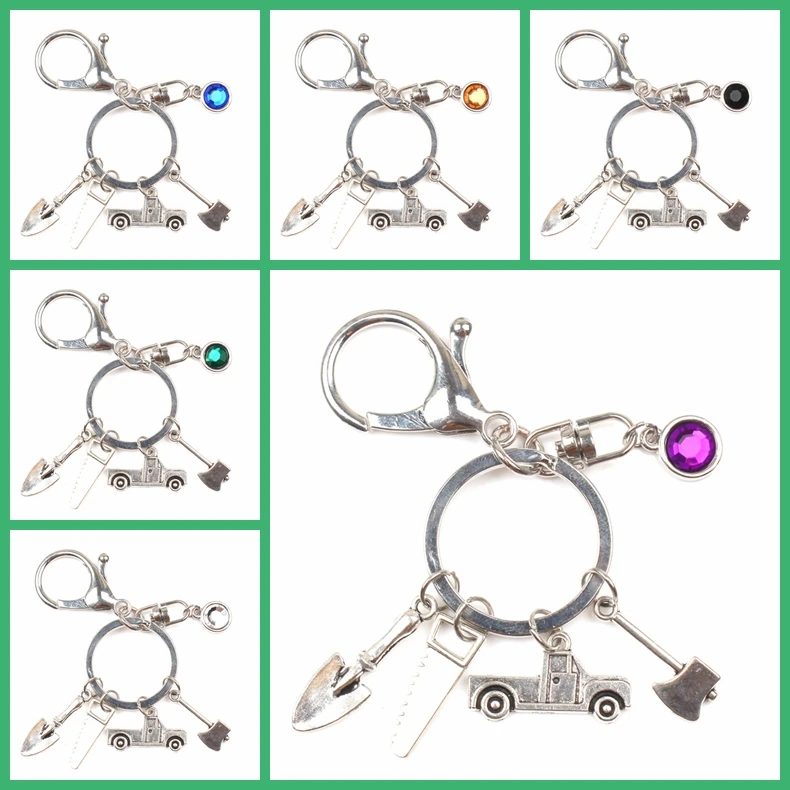 New 9 Color Crystal Stone Axe Key Ring Hacksaw Trailer Mini Pendant Key Chain Father Holiday Souvenir Gift Men and Women Jewelry