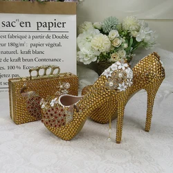 BaoYaFang Golden Party Dress Shoe with matching bag crystal Wedding shoes Bride women's High heel platform shoe High Pumps purse