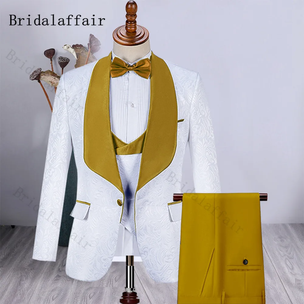 

Bridalaffair Unique Gold Lapel Jacquard Tuxedos Plain Pants Groomsmen Wedding Suits Costume Homme Blazer Vest Trousers 3 Pieces