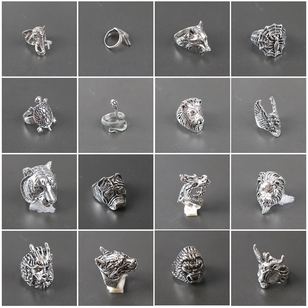 5pcs/Lot Animal Antique Silver Color Snake Dog Dragon Lion Tiger Dog Eagle Crocodile Wolf Metal Rings For Men Women