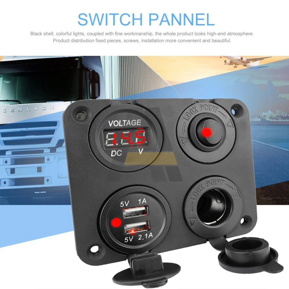 Car Charger Switch Panel With Voltmeter Dual USB 24V 3.1A 4 in 1 Panel Cigarette Lighter Socket ON/Off Socket Rocker Switch