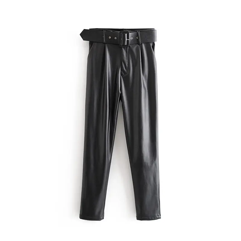 Donne Chic Nero Dell'unità di Elaborazione Del Faux Pantaloni di Pelle di Modo di Vita Alta Tasche Signore Ufficio Pantaloni con La Cinghia Casual Pantaloni a Pieghe Gonne E Pantaloni