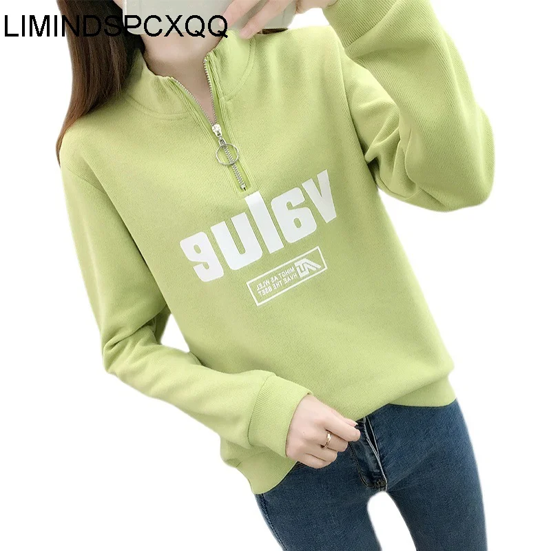 

Plus Velvet Korean Sweatshirt Women 2023 Autumn Stand Zipper Letter Print Long Sleeve All-match Harajuku Streetwear Hoodie Tops