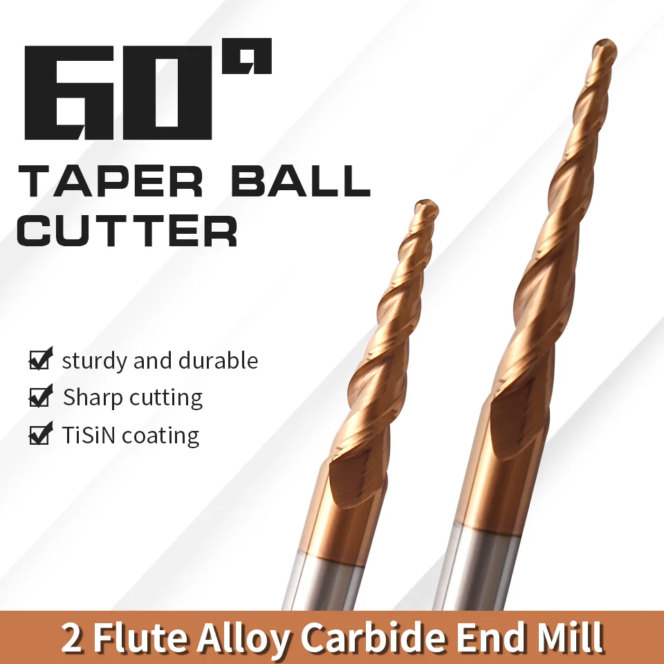 HRC60 Carbide Spiral Tapered Ball Nose End Mill 2 Flutes Router Bit for Metal Wood CNC 2D 3D Carving Bits Tools Radius R0.25/R2