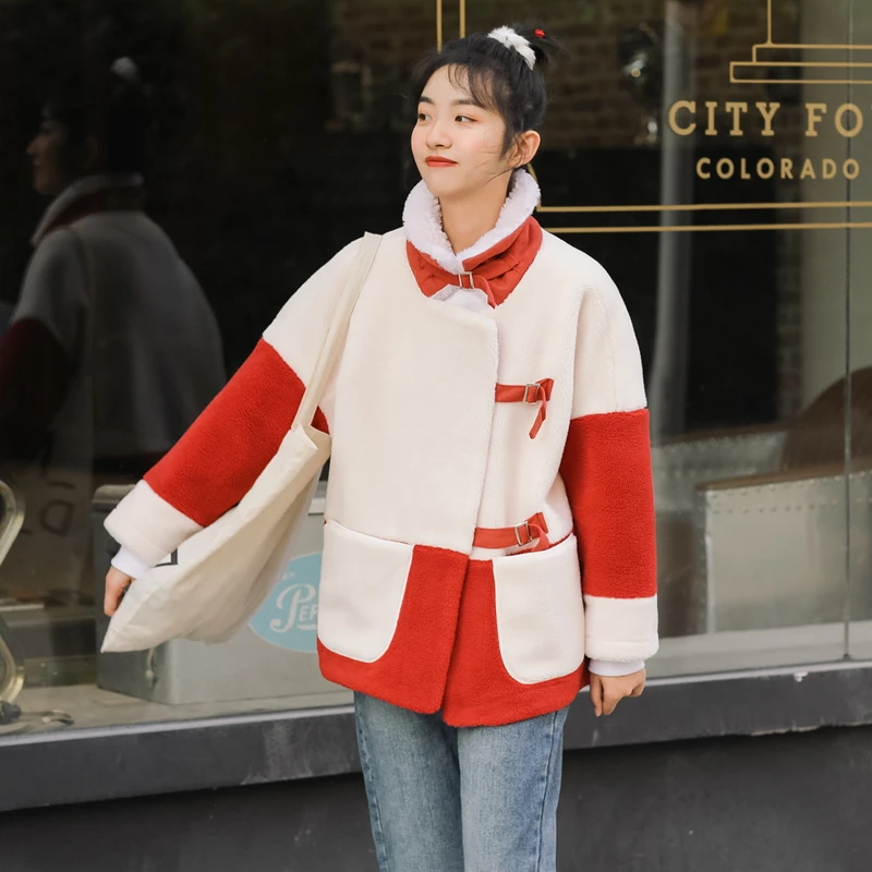 Sweet Women Coat Winter Thicken Grain fleece Coat Preppy style Student Cute overcoat Casual female Coat Christmas Red