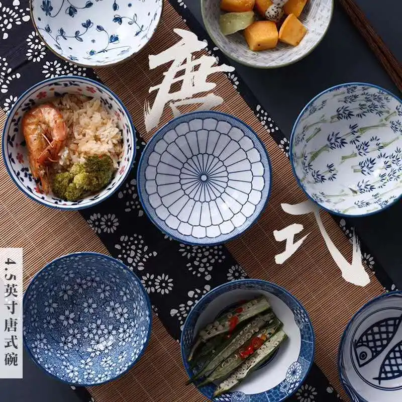 Japanese Ceramic Salad Rice Bowls, Classical Blue and White Kitchen Tableware, Household Restaurant Soup Noodle Bowl, 6Pcs Set