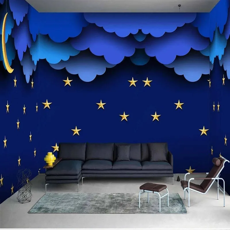 

Custom Wallpaper Blue Starry Sky Clouds Moon Children's Room House Background Wall 3D Sticker Fresco Papel De Parede