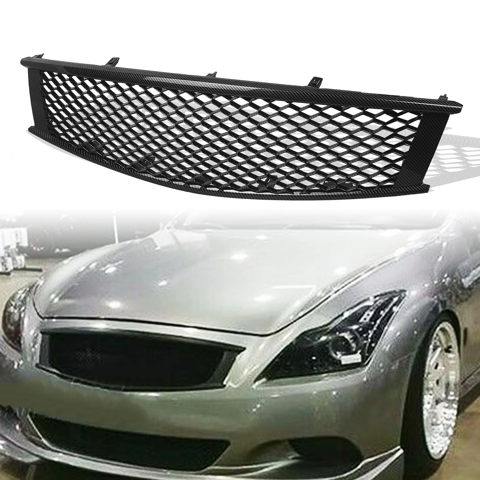 

Front Grille Grill For Infiniti G37 2008-13 Q60 2014-16 Coupe 2 Door Carbon Fiber Look/Gloss/Matte Black Upper Bumper Hood Mesh