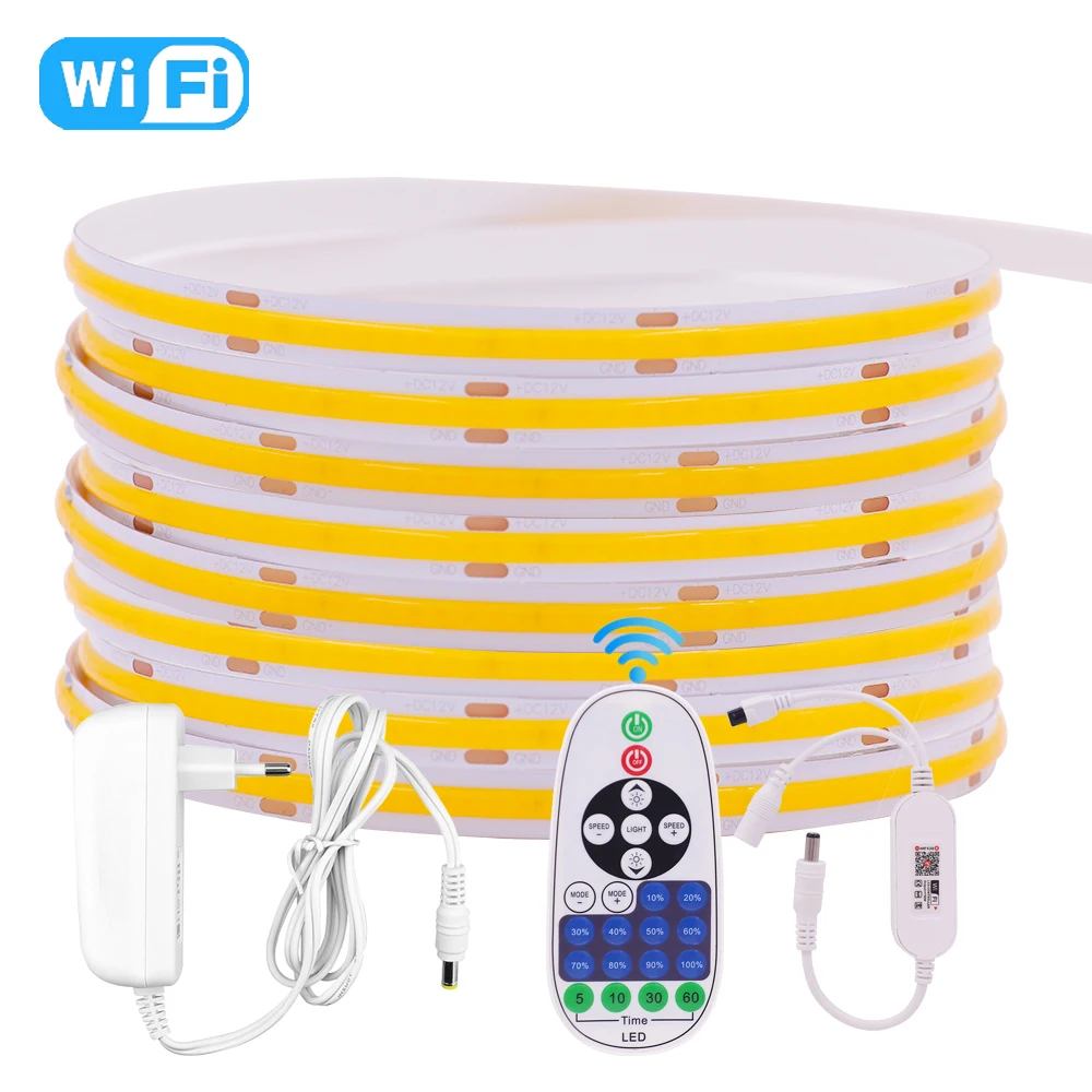 

12V WiFi COB LED Strip Light Dimmable Tuya APP Control FOB COB LED Light 320LEDs/m Flexible Led Tape Diode with EU US Adapter