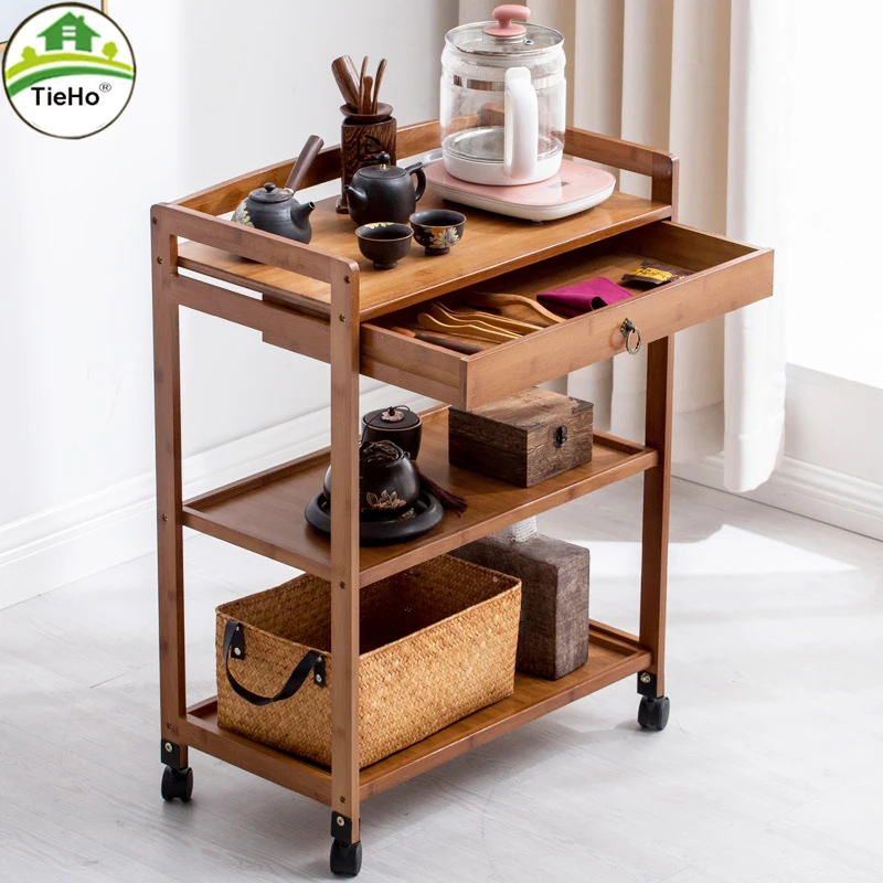 TieHo 3 Tier Bamboo Shelf Serving Table with Wheels Drawer Kitchen Storage Cart Bar Cart  Chinese Wine Tea  Island Trolley