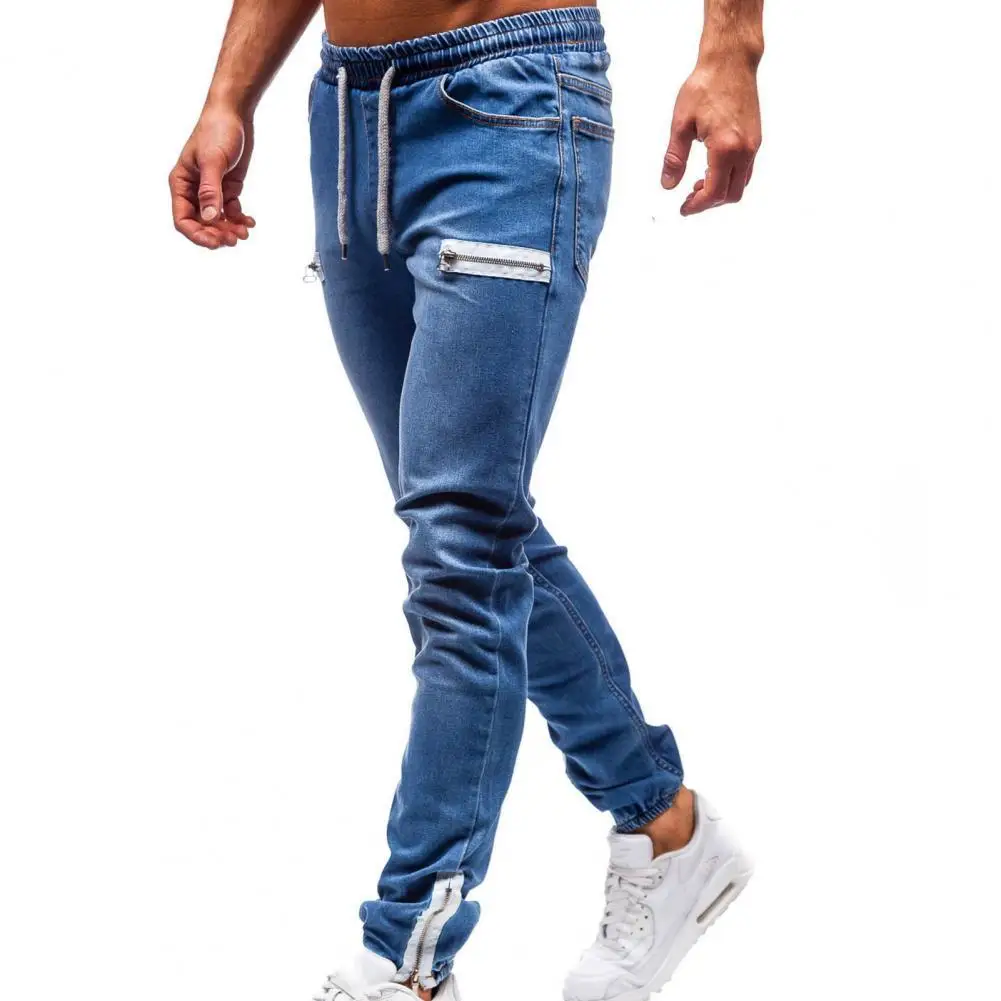 

Plus Size Men Denim Pants Summer Frosted Zipper Drawstring Male Jeans Multi Pockets Ankle Tied Jeans Dating Casual Trousers