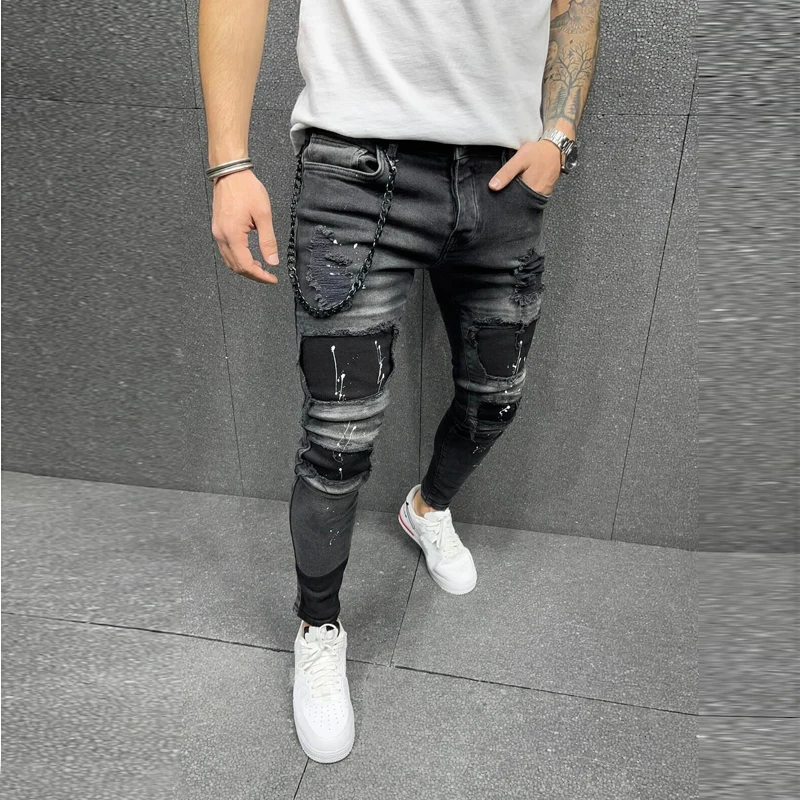 Mens Streetwear Fashion Pants Elastano Skinny Slim Jeans patch pockets ripped jeans for men street broken black denim Trousers